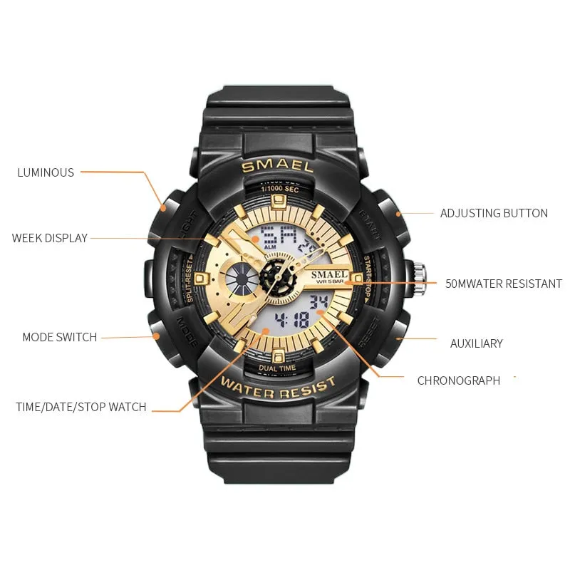 SMAEL Fashion Couple Sports Watch Men Women Luminous Waterproof Digital Quartz Watches Mens Auto Date Black Gold Wrist Watches