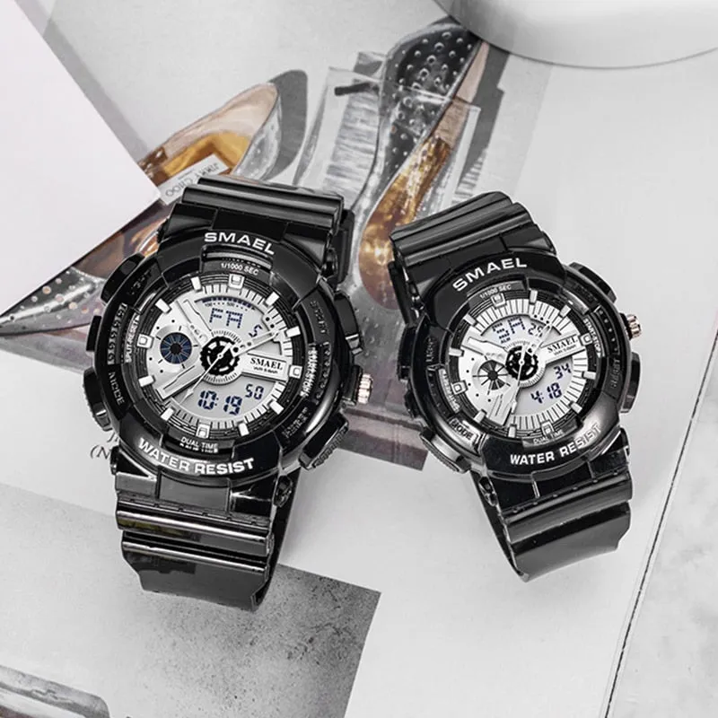 SMAEL Fashion Couple Sports Watch Men Women Luminous Waterproof Digital Quartz Watches Mens Auto Date Black Gold Wrist Watches