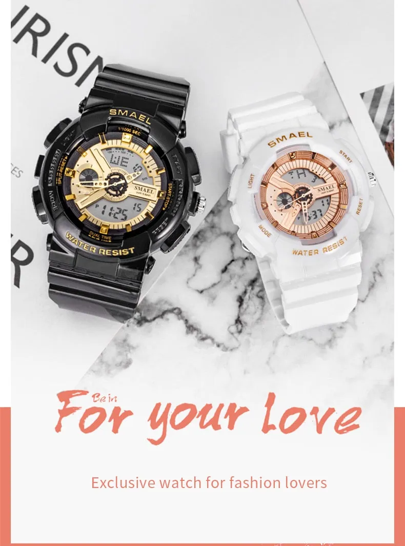 SMAEL Fashion Couple Sports Watch Men Women Luminous Waterproof Digital Quartz Watches Mens Auto Date Black Gold Wrist Watches