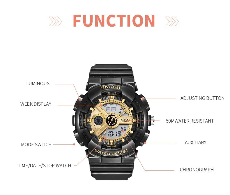 SMAEL Fashion Couple Sports Watch Men Women Luminous Waterproof Digital Quartz Watches Mens Auto Date Black Gold Wrist Watches