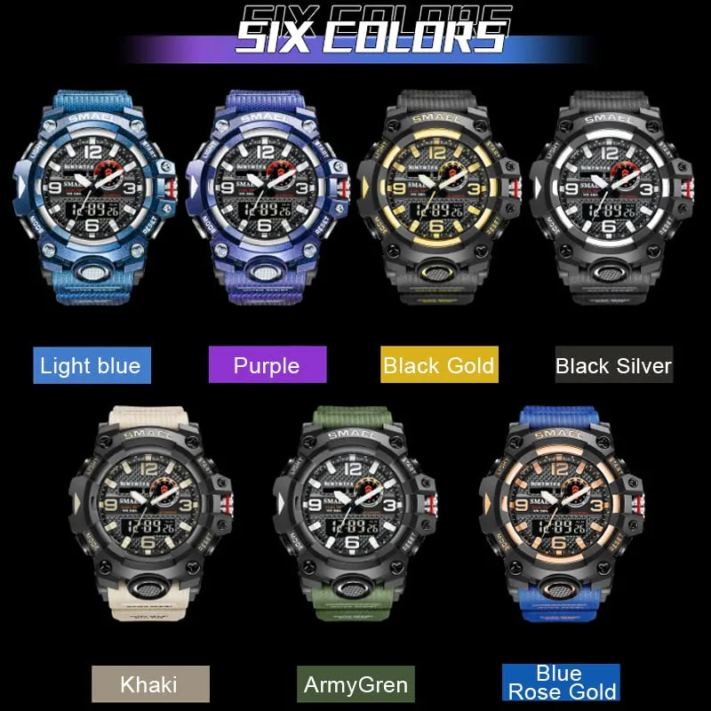 SMAEL Mens Sports Watches Waterproof Military LED Digital Quartz Watch Men Electronic Wristwatch Fashion Student Alarm Stopwatch