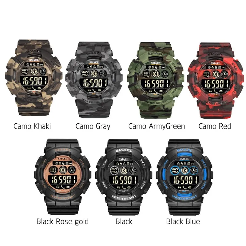 SMAEL Sport Watches Mens Digital WristWatches Male Chronograph Military Army Camouflage Wrist Watch LED Display Watches For Men