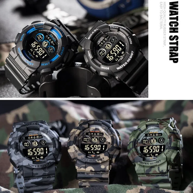 SMAEL Sport Watches Mens Digital WristWatches Male Chronograph Military Army Camouflage Wrist Watch LED Display Watches For Men