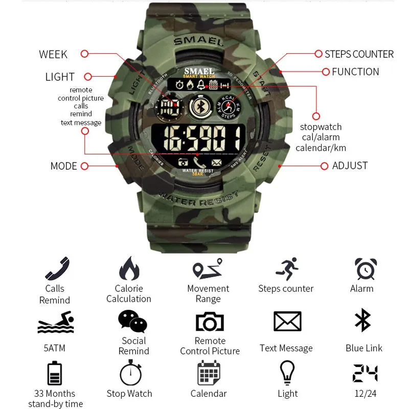 SMAEL Sport Watches Mens Digital WristWatches Male Chronograph Military Army Camouflage Wrist Watch LED Display Watches For Men
