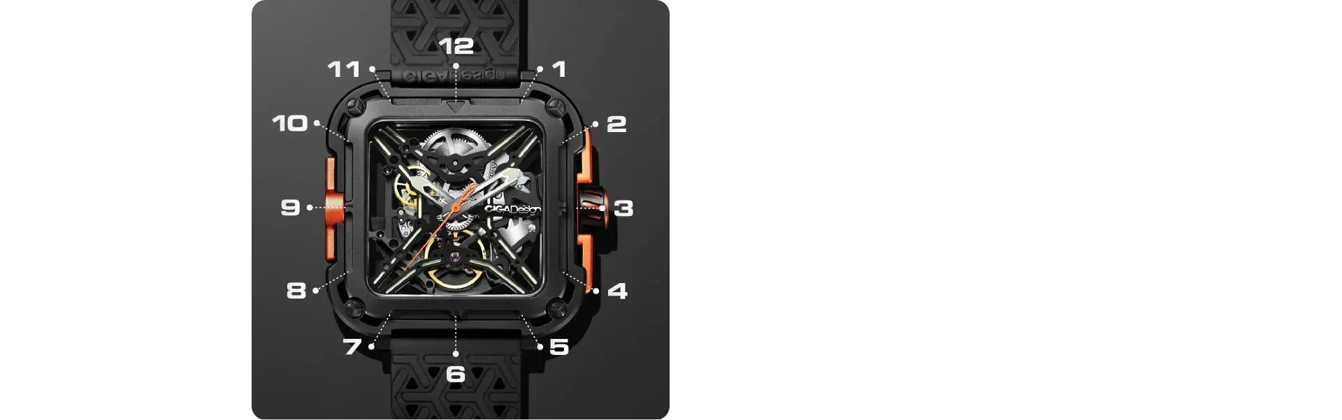 SOLD!!  CIGA Design Mechanical Skelton Watch Series X Gorilla Black Orange