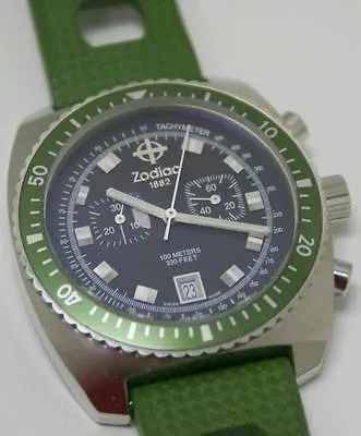 Sold!!! ZODIAC MEN'S SEA DRAGON Green Hulk RUBBER Diving WATCH ZO2228 Swiss Chronograph