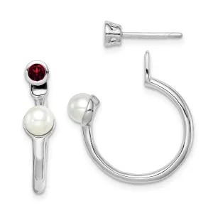 Sterling Silver Rhodium-Plated Freshwater Cultured Pearl & Garnet Front & Back Post Earring