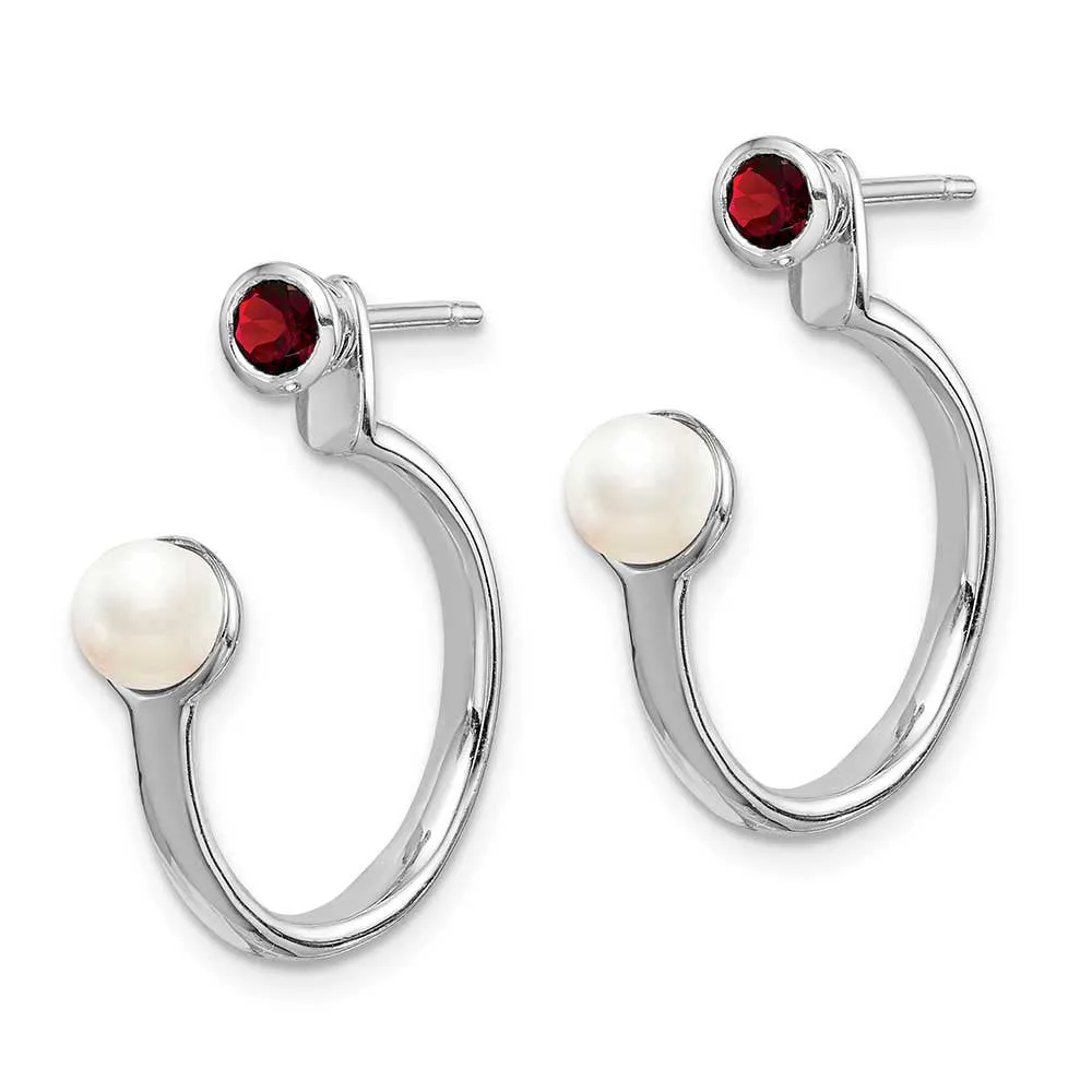 Sterling Silver Rhodium-Plated Freshwater Cultured Pearl & Garnet Front & Back Post Earring
