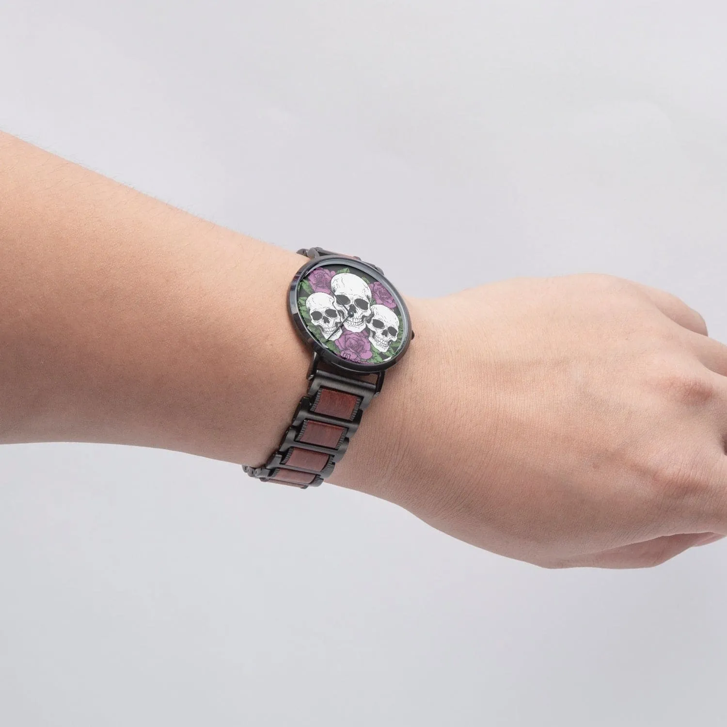 Three Skulls Purple Flowers Wooden Strap Quartz Watch