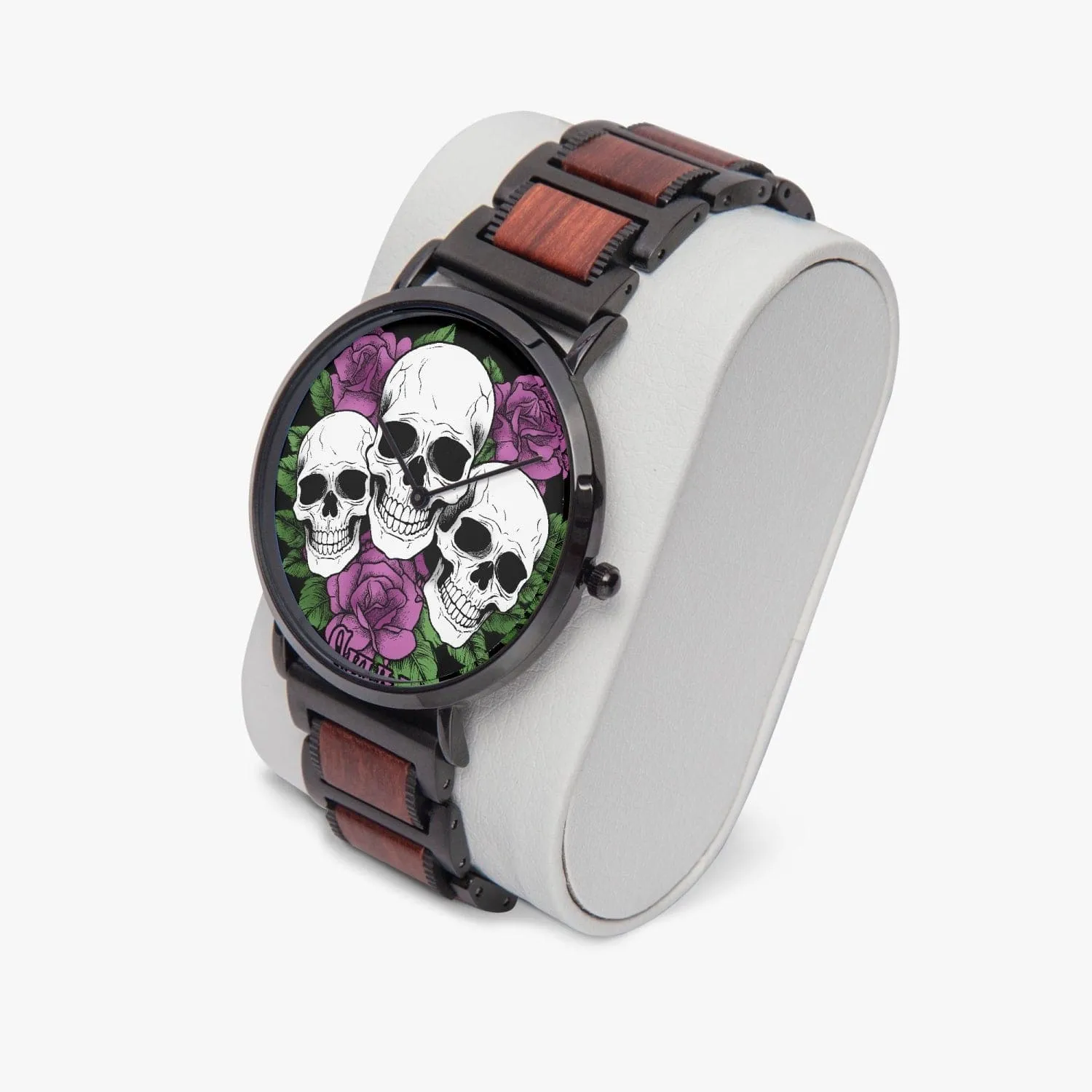Three Skulls Purple Flowers Wooden Strap Quartz Watch