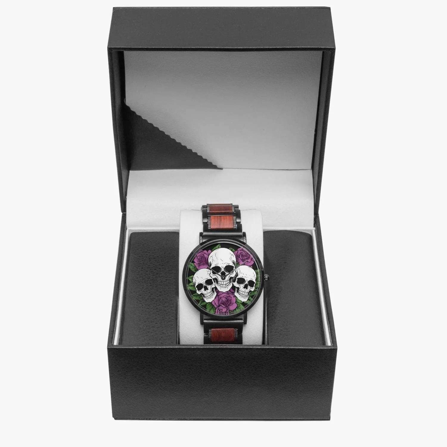 Three Skulls Purple Flowers Wooden Strap Quartz Watch