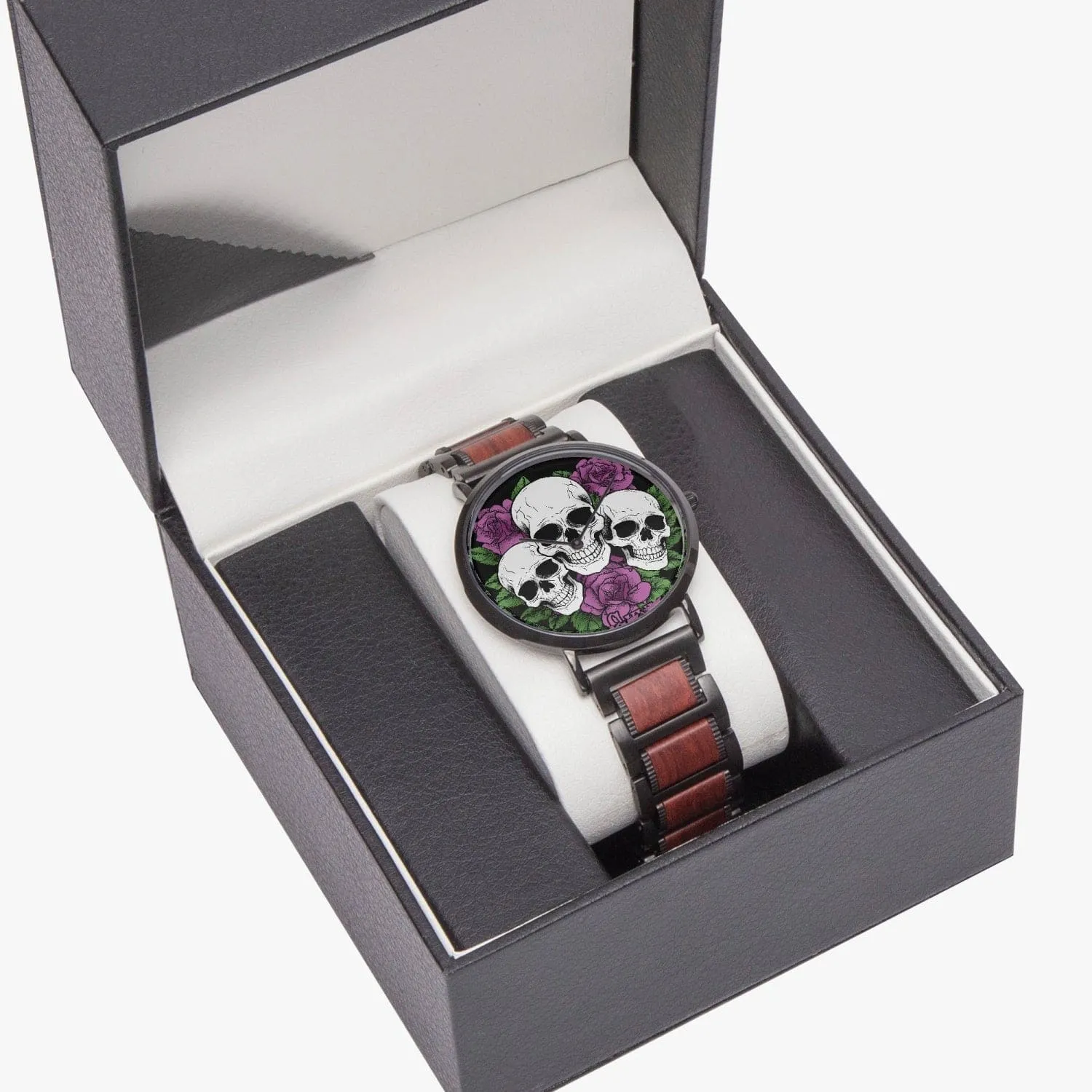 Three Skulls Purple Flowers Wooden Strap Quartz Watch