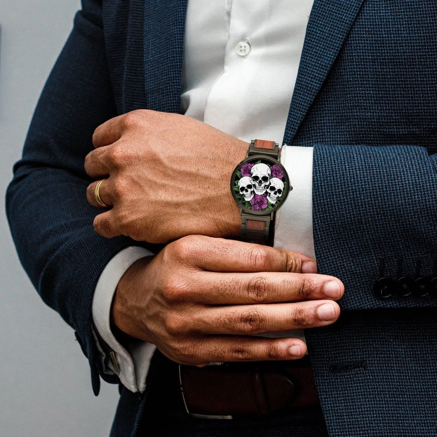 Three Skulls Purple Flowers Wooden Strap Quartz Watch