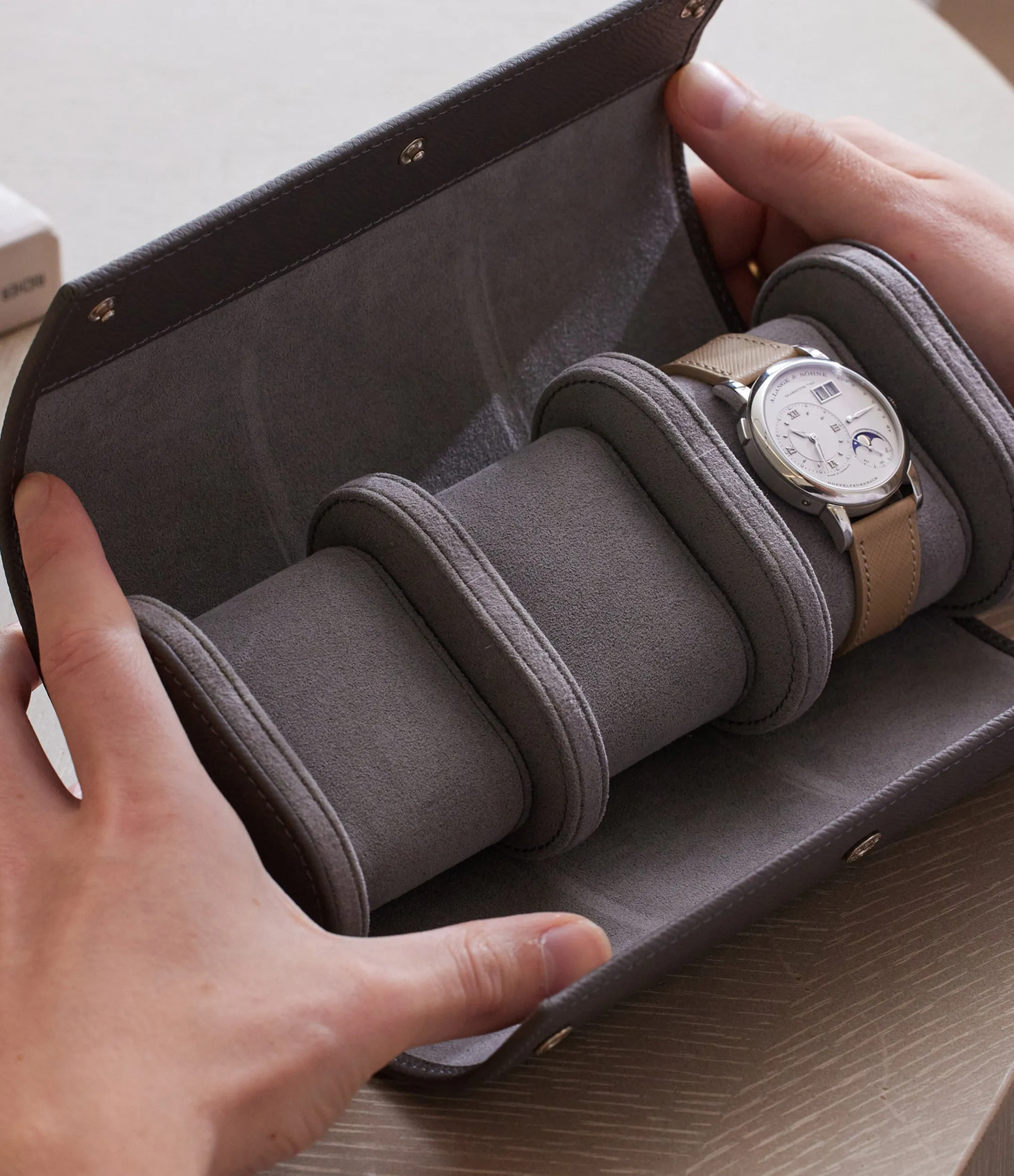 three-watch roll, grained leather