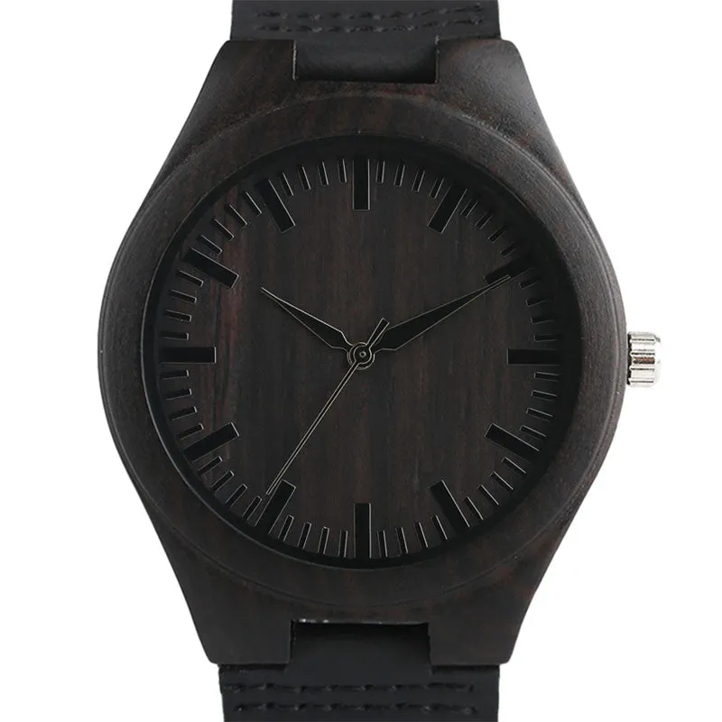 Top Men's Wooden Watches High Quality Black Handmade Natural Wood Bamboo Quartz-watch No Number Face Chic Second Hand Clock Male