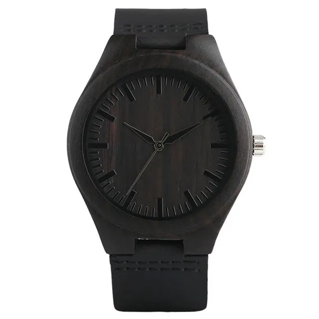 Top Men's Wooden Watches High Quality Black Handmade Natural Wood Bamboo Quartz-watch No Number Face Chic Second Hand Clock Male