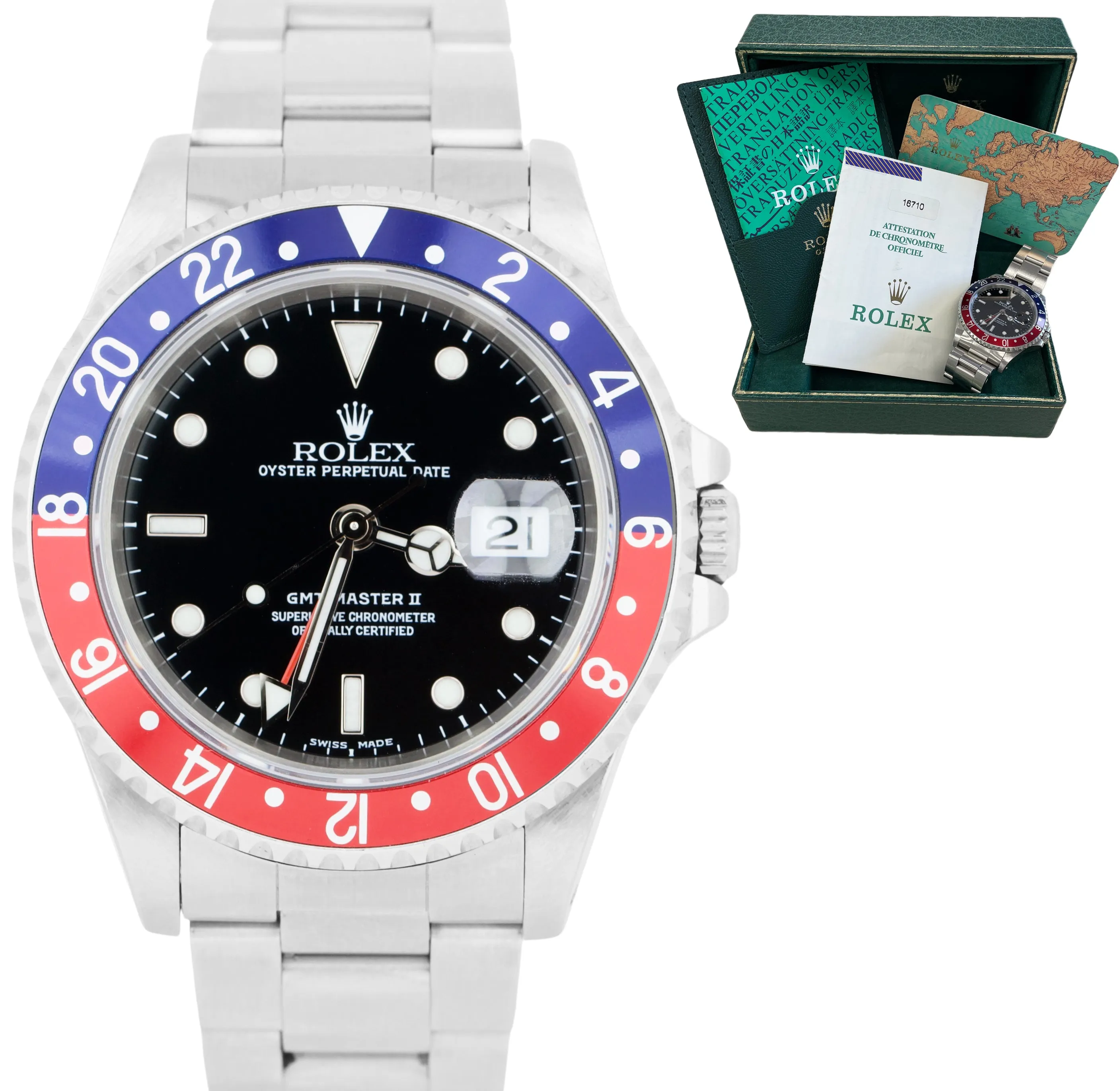 UNPOL. 2000 Rolex GMT-Master II 40mm 16710 Blue Red PEPSI Steel Watch PAPERS BOX