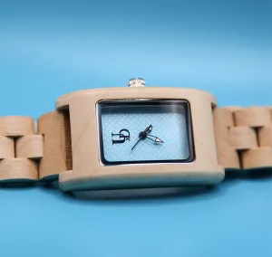 UXD Elegant Turquoise Dial Rectangle Square Natural Wooden Watch For Women