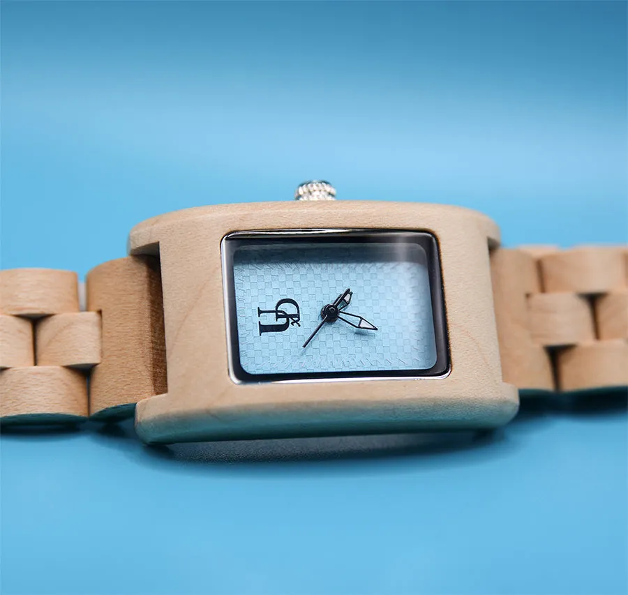 UXD Elegant Turquoise Dial Rectangle Square Natural Wooden Watch For Women