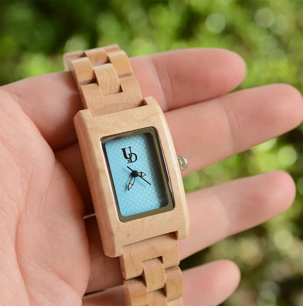 UXD Elegant Turquoise Dial Rectangle Square Natural Wooden Watch For Women