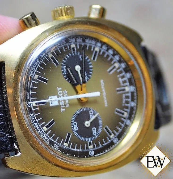Vintage Gold plated Tissot Navigator Chronograph watch Gold Brown Sundial C 872