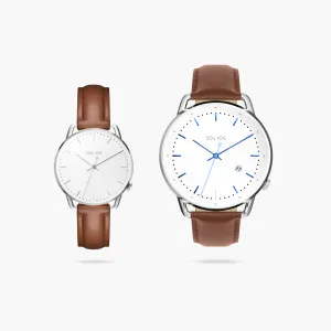 Watch Sets - Solar Curve & Curve Mini | White Dial - Silver Case | Brown Vegan Leather