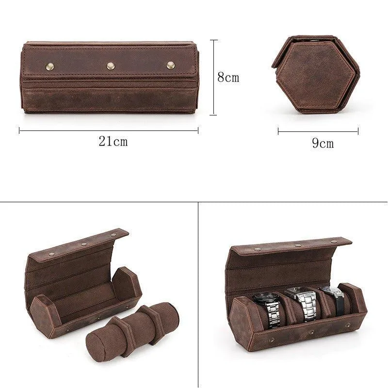 Woosir Leather Hexagon Watch Roll Case for 3 Watches